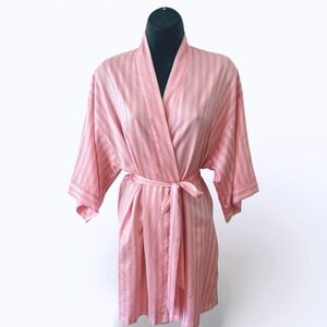 VICTORIA'S SECRET ROBE PINK CANDY STRIPE SATIN DRESSING GOWN WOMENS M/L VS Model